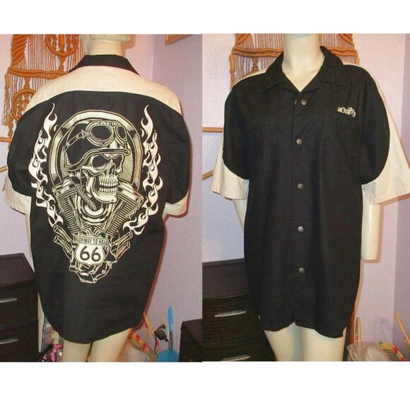 Ride or Die Highway To Hell Snap Shirt Mens Size L Skull Flame Patches Camp Goth - Picture 1 of 11